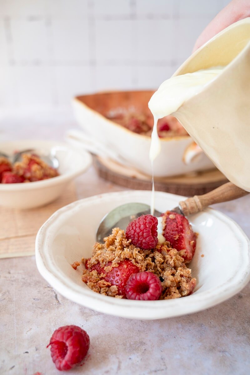 Oat Pulp Raspberry Crumble with Custard
